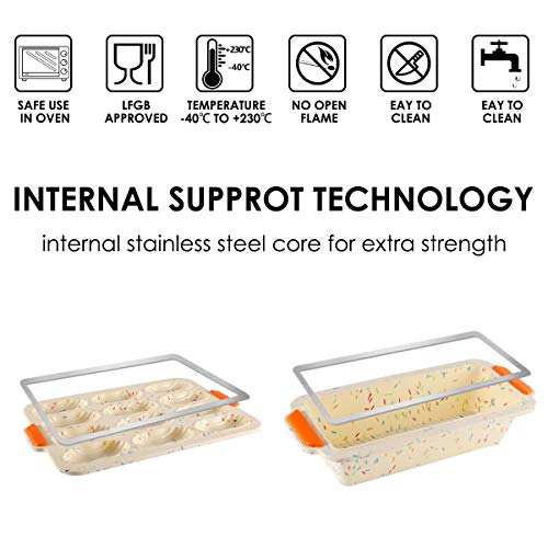 Silicone Loaf Pan for Baking Bread Bakeware Pan Set with Reinforced Steel Frame Inside Non-Stick Long Cake Pan 12-cup Muffin Cups Set Steel Frame Inside Dishwasher Microwave Safe Reusable 5 Pack