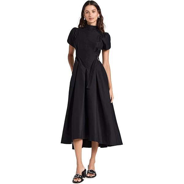 knee length dresses for ladies Umgee Abstract Satin Tiered Midi Dress with Bubble Sleeves, Ruffle Neckline Medium