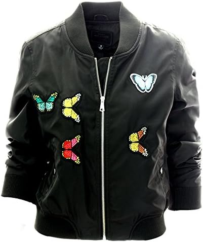 Miss London Ladies Bomber Jacket With Butterfly Patches - Black (L)