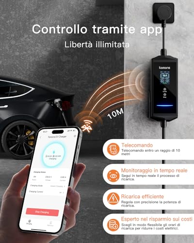 tomons App Electric Car Charging Cable, 3.68 kW 6M, Portable Electric Car Charger Type 2 Schuko, Single Phase 16 A, 2.4 Inch LCD IP65, Adjustable Time and Current for Model 3/Y, 500e, e-208, Other EV