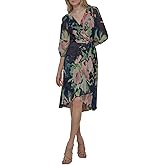 DKNY Womens Balloon Sleeve Faux Wrap Midi Dress