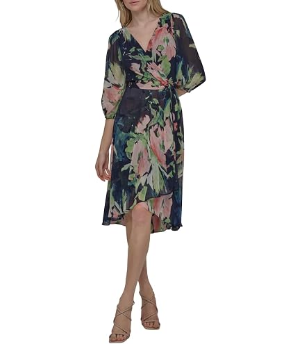 DKNY Women's 3/4 Balloon Sleeve Surplice Neck Chiffon Fit and Flare Midi Dress, Java/Misty Blue Multi, 2 at Amazon Women's Clothing store