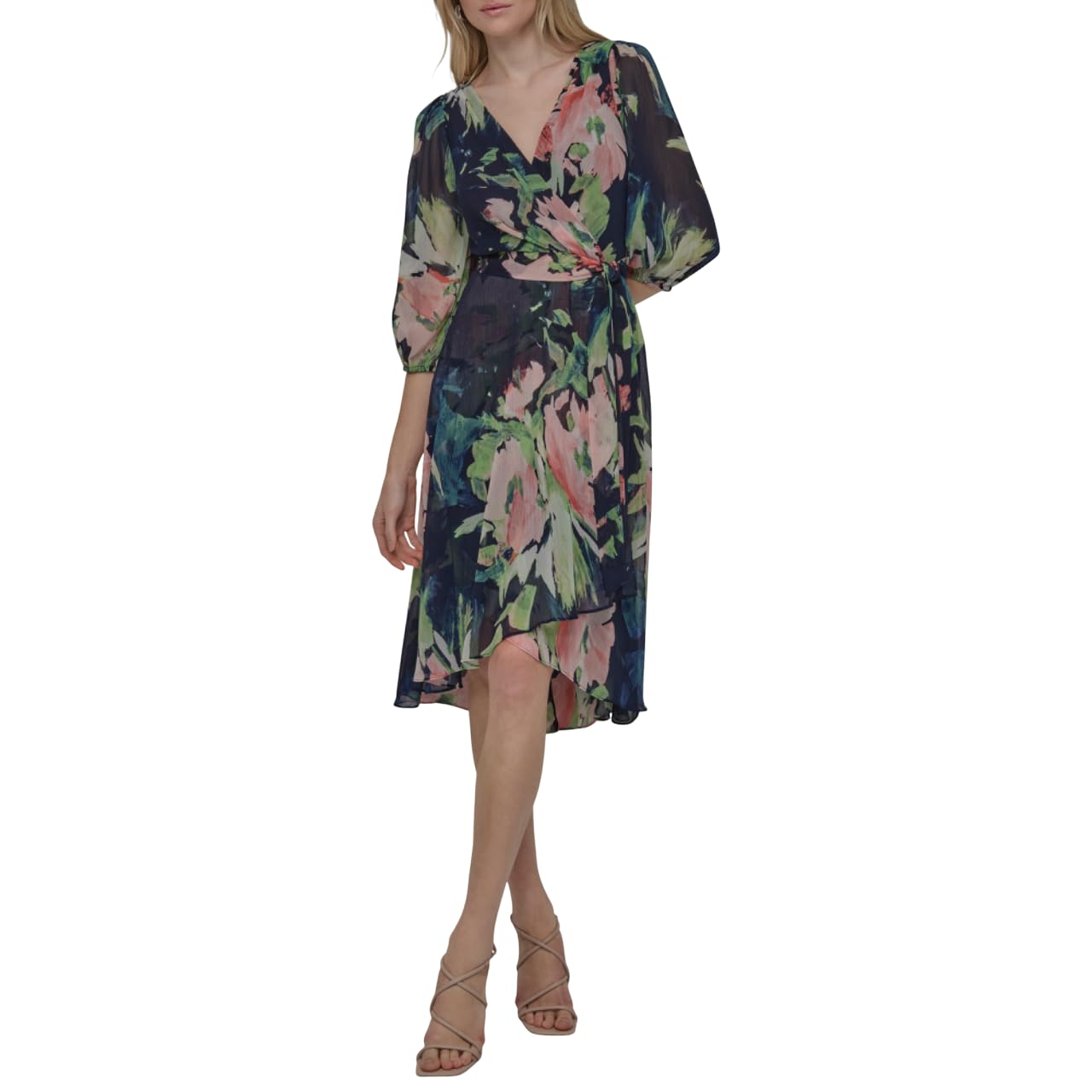 DKNY Women’s Balloon Sleeve Tie Fit & Flare Midi Dress, Navy Multi