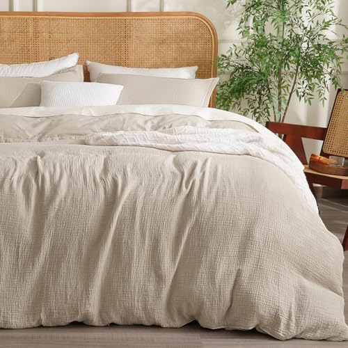 David's Home 100% Cotton Muslin Duvet Cover Set King Size,3 Pcs Soft Breathable & Lightweight Gauze Bedding Set with 2 Pillowcases,Textured Home Decor with Button, 104"×90" Natural/Oat Milk,No Insert