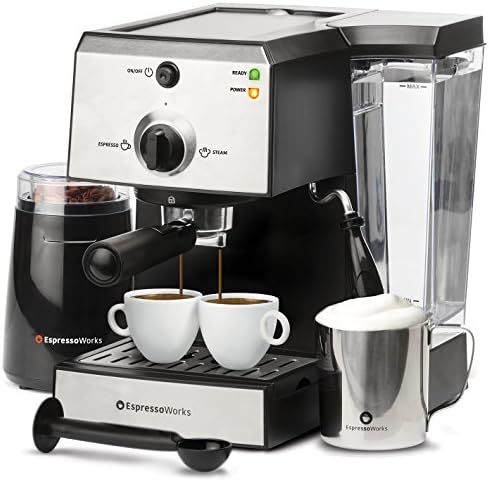7 Pc All-In-One Espresso/Cappuccino Machine Bundle Set- (Includes: Electric Coffee Bean Grinder, Portafilter, Stainless Steel Frothing Cup, Measuring Spoon w/ Tamper &amp; 2 Espresso Cups), Silver/Black