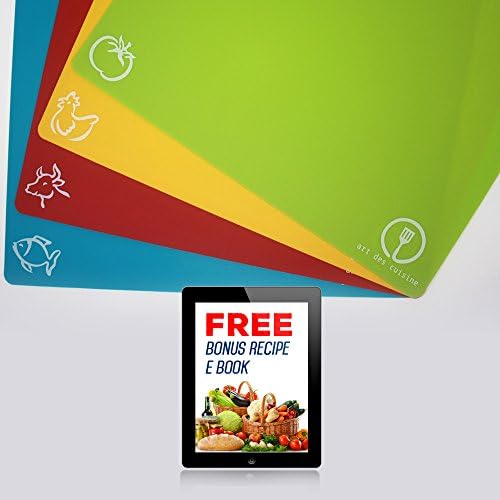 Art Des Cuisine Kitchen Cutting Chopping Board Mat Set, Flexible, Color and Icon Coded, NonStick, Anti Sliding EZ Grip, Plastic, Non Porus, Modern, Antibacterial, Set of 4, Bonus Recipe E Book