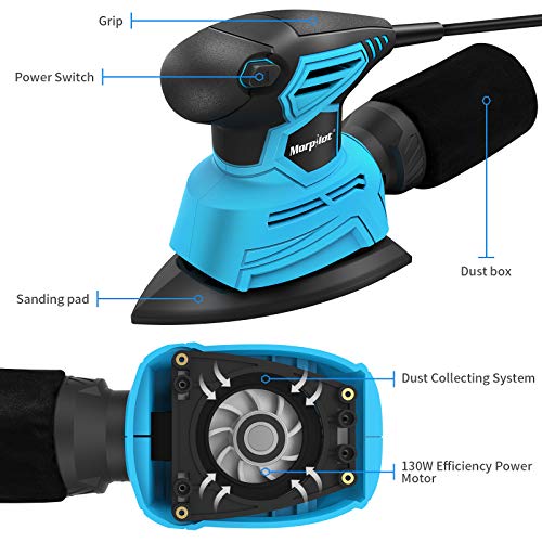 morpilot Detail Palm Corner Mouse Hand Sander Sanding Tool 130w, 14000 RPM Sander with dust Collector, 18 Pieces of Sandpaper, Suction for Sanding Wood