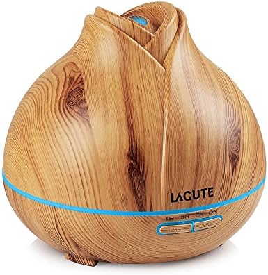 Lagute Essential Oil Aroma Diffuser, Floral Aroma Ultrasonic Mist Humidifier 400ML Air Freshener, 7 Color 4 Timer 2 Mist Level Auto Shut-Off for Home Yoga Office Spa Baby Room, Light Wood Grain