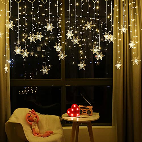 13ft/4M 96 LED Snowflake Curtain String Lights Plug-in Memory Window Lights with 8 Modes for Christmas, Wedding, Party,Wall, Home Decorations (Warm White)