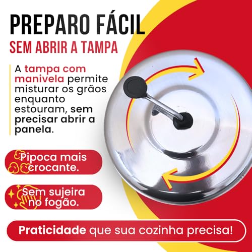 Pipoqueira de Alumínio, Panela para Pipoca com Manivela 3,7L, Tampa Articulada, Alças Resistentes ao Calor