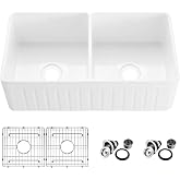 KIBI 33" Farmhouse Fireclay Sink Double Bowl, White - Modern Apron Front Kitchen Sink Undermount Installation - Non-Porous Scratch Resistant Vitrified Glaze Farm Sink with Accessories