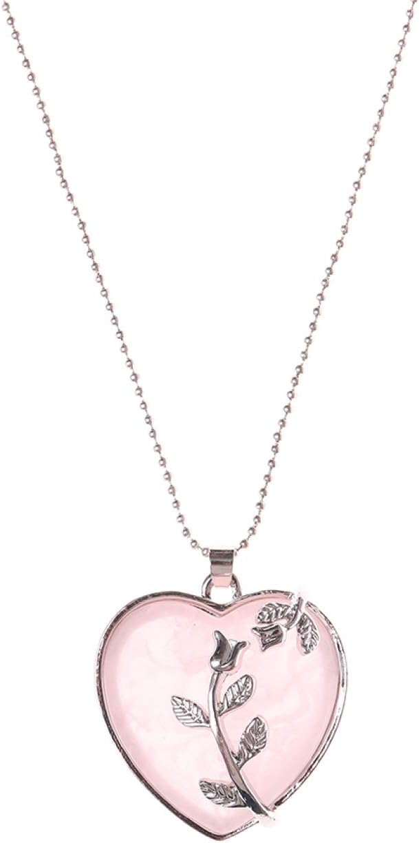 Shanjuew Special Natural Rose Quartz Floral Heart Necklace Pendant Reiki Gemstone Gift UK