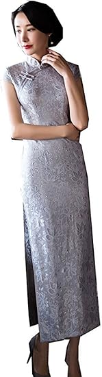 Amazon 半袖 シルバー チャイナドレスデザイン レース ワンピース 中国風チーパオ 女性 中華ドレス 民族衣装 ロング丈 イブニングドレス 通販