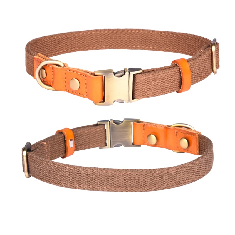 Haoyueer Nylon Dog Collar, with Metal Safety Buckle, Adjustable leather & Nylon Pet Collars for Small Medium Large Dogs (M, Brown)