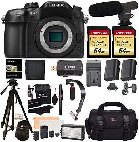 Panasonic LUMIX DMC-GH4KBODY DSLM Mirrorless 4K Cinematic Camera Body Only + 2 Transcend 64GB + LED Light Flash Kit + Polaroid 72" Tripod + Microphone + Stabilizer + 2 Spare Batteries + Charger + More