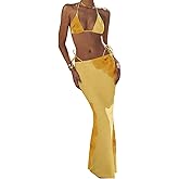 Luckydora Women's Long Skirt Bikini Set Floral Print High Slit Halter Top Swimsuit Tie Side Beach Vacation Cover Up