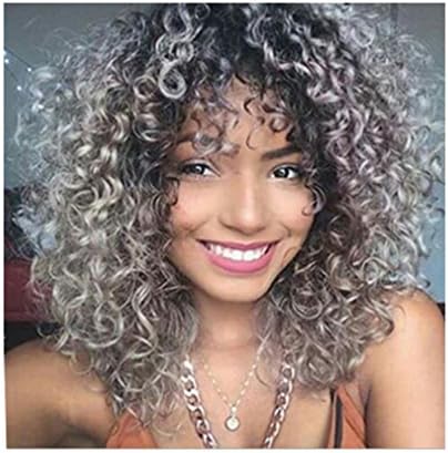 Natural Long Kinky Curly Wig Cheap Fashion Heat Resistant Synthetic Hair Wigs (black&gray)