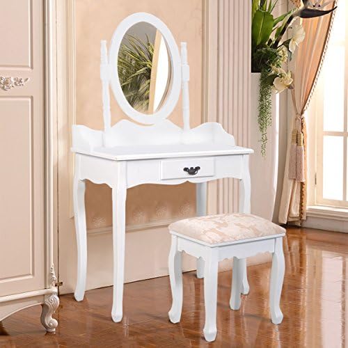 Furinho Bush - White Vanity Wood Makeup Dressing Table Stool Set Jewelry Desk W/ Drawer &amp;Mirror YRS 1228