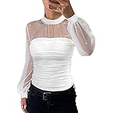 Ninimour Women‘s Pearls Decor Long Sleeve Blouse Mesh Spliced Textured Shirt Going Out Top