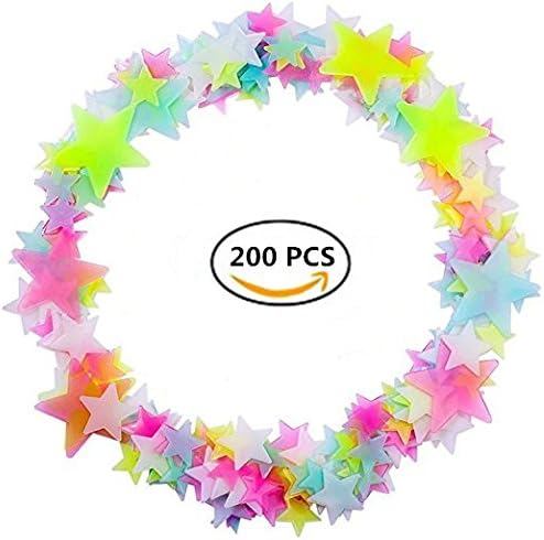 200Pcs Luminous Stars Glow in the Dark Fluorescent Stickers 3D Dark Stars Noctilucent Plastic Wall Stickers Decals for Ceiling Wall Decorate Baby Kids Gift Nursery Room–Colorful–3cm (Colorful)