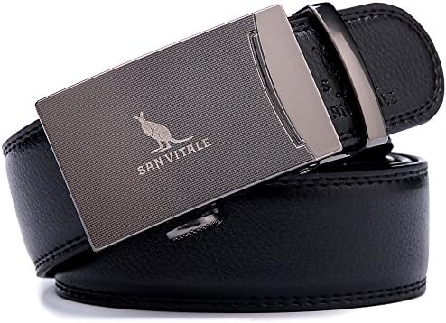 SAN VITALE Men's Solid Buckle with Automatic Ratchet Leather Belt 35mm Wide 1 3/8"