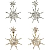 2 Pairs Gold Plated Starburst Dangle Earrings for Women, Crystal Hexagram Drop Earrings with Cubic Zirconia, Boho Vintage Wedding Party Jewelry Set