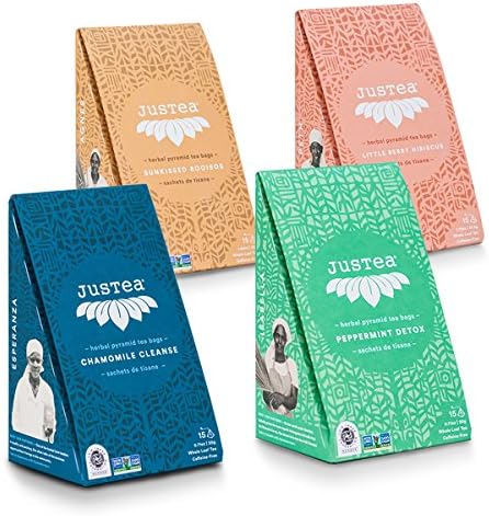 JusTea HERBAL TEA Variety Pack (4 boxes) | Pyramid Tea Bags | Biodegradable | 15+ cups per box | Organic | 1 box each: Chamomile Cleanse, Peppermint Detox, Sunkissed Rooibos, Little Berry Hibiscus
