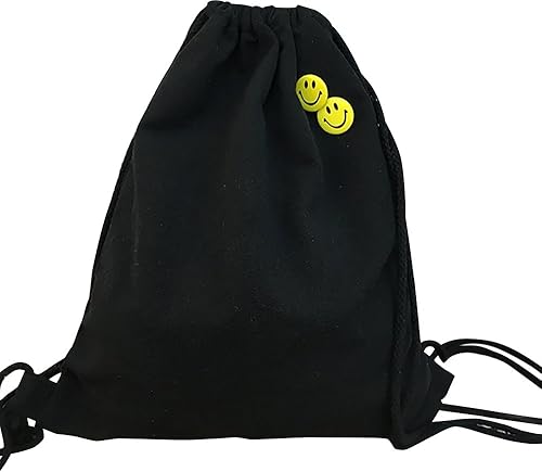 Amazon Sebles スマイリーのバッチ付きリュックサック バックパック キャンバス素材 巾着 白黒 ブラック Sebles タウンリュック ビジネスリュック