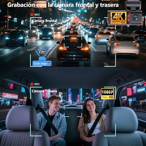 Dashcam Frontal y Trasera Dos en Uno Frontal 4K + Trasera 1080P, Gran Angular 170°, Amplio Rango Dinámico (WDR), Función de Visión Nocturna, G-Sensor, 24H Monitor de Estacionamiento, Control WiFi