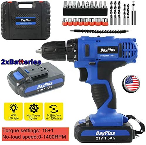 21V Cordless Drill Driver 2Pcs 1500mAH Lithium-Ion Battery 18+1 Torque with 29Pcs Accessories LED Light 2-Mode Variable Speed Trigger Lightweight Portable Rechargeable Drill, 5 Year Warranty