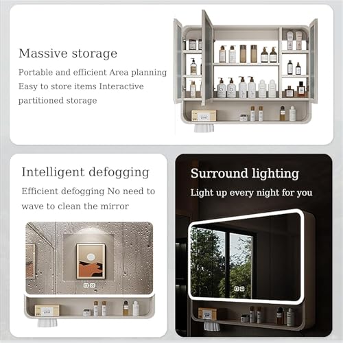 Botiquín con espejo para baño, Espejo de baño con almacenamiento, botiquín LED montado en la pared de aluminio, antivaho, atenuación continua, gabinete con espejo de tocador for baño(White,90x13x51cm)