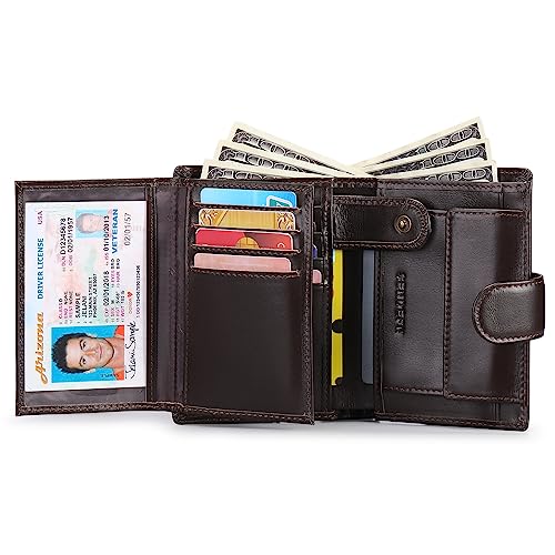 SENDEFN Men's Leather Wallet, RFID Blocking Wallet, Men's Vertical Wallet with 19 Card Slots, 3 Bill Slots, 1 Coin Pocket with Button