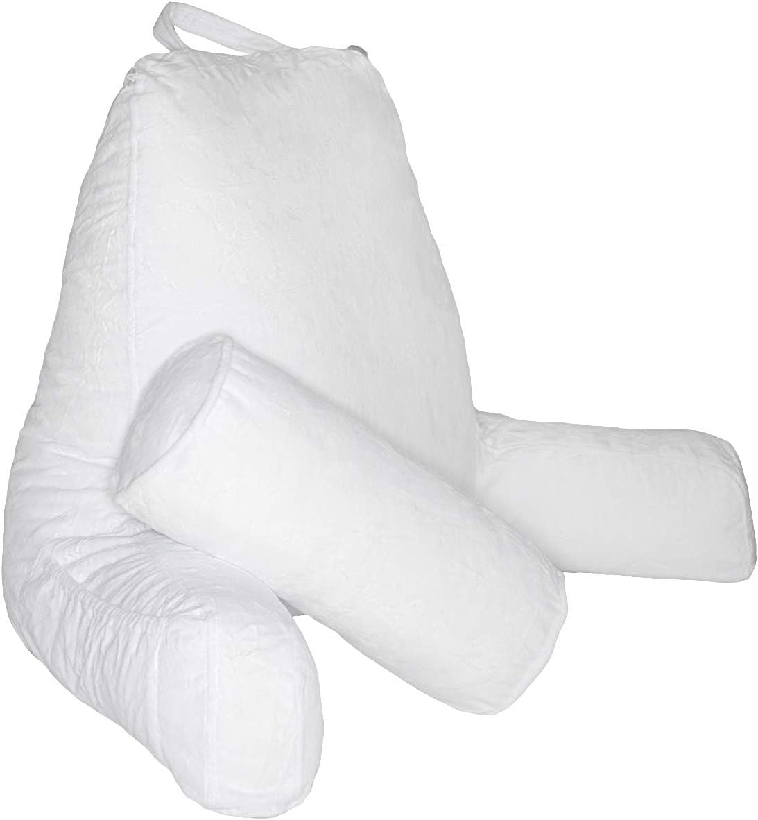 Husband Pillow - White, Big Backrest Reading Bed Rest Pillow with Arms, Plush Memory Foam Fill, Remove Neck Roll Off Bungee, Change Covers, Zipper On Shell of Bed Chair for Adjustable Loft: Home & Kitchen