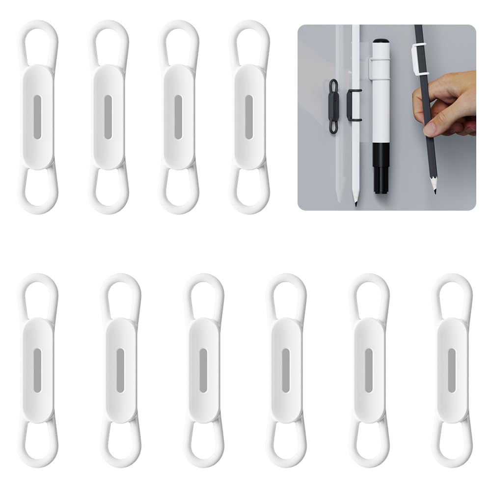 10-Pack Silicone Magnetic Pen Holder Clips - Ideal for Gel Ink Pens or Dry Erase Markers, Compatible with Desk, Refrigerator, Whiteboard, Clipboard - Includes Magnet Sheet for Wall Mounting (White)