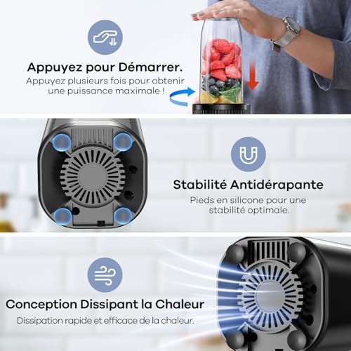 Ganiza Smoothie Maker 900W, Mini Blender with 25000rpm, 3 Tritan To-Go Bottles (300ml, 500ml & 700ml), 4 Asymmetrical Blenders, for All Types of Shakes and Smoothies, Silver/Black