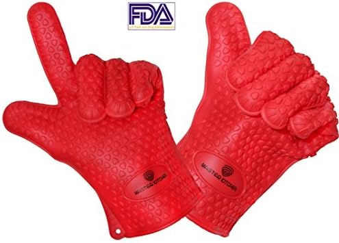 BBQ Grill Silicone Oven Gloves by Master Kitchen - Grilling Baking Oven Heat Resistant Mitt - Medium Red Full Fingers