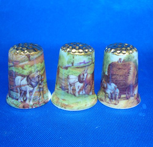 Birchcroft Porcelain China Collectable Thimbles - Set of Three Gold Working Horses