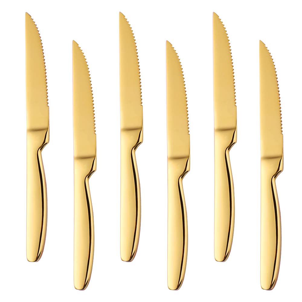 BISDARUN Stainless Steel Serrated Steak Knives Set of 6, Gold Coloured Dinner Knives Table Knifes Thick Cutlery Knives for Cutting Steak Meat 8.66 inches (22cm)