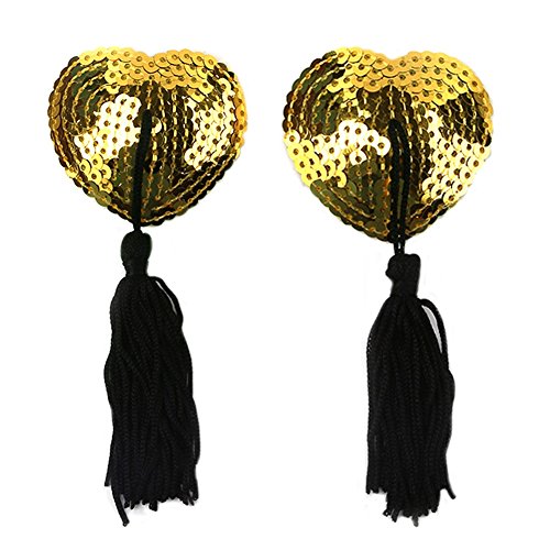 Reusable Adhesive Nipple Cover,Shiny Sequin Silicone Heart-Shaped Breast Pads Pasties Bra with Tassel - Thumbnail 7
