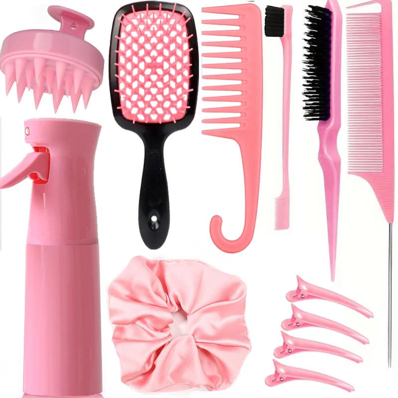 Photo 1 of 12 Pcs Hair Brush Set with Hair Spray Bottle for Toddlers, Women, Detangling Brush for Wet Dry Curly Hair, Edge Bristles Wide Tooth Rat Tail Combs for Baby Girls (pink)