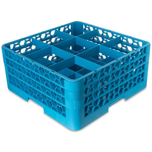 Carlisle RG9-314 OptiClean 9-Compartment Glass Rack w/ 3 Extenders, Polypropylene, 20.88" Length, 20.88" Width, 8.72" Height, Blue (Case of 2)