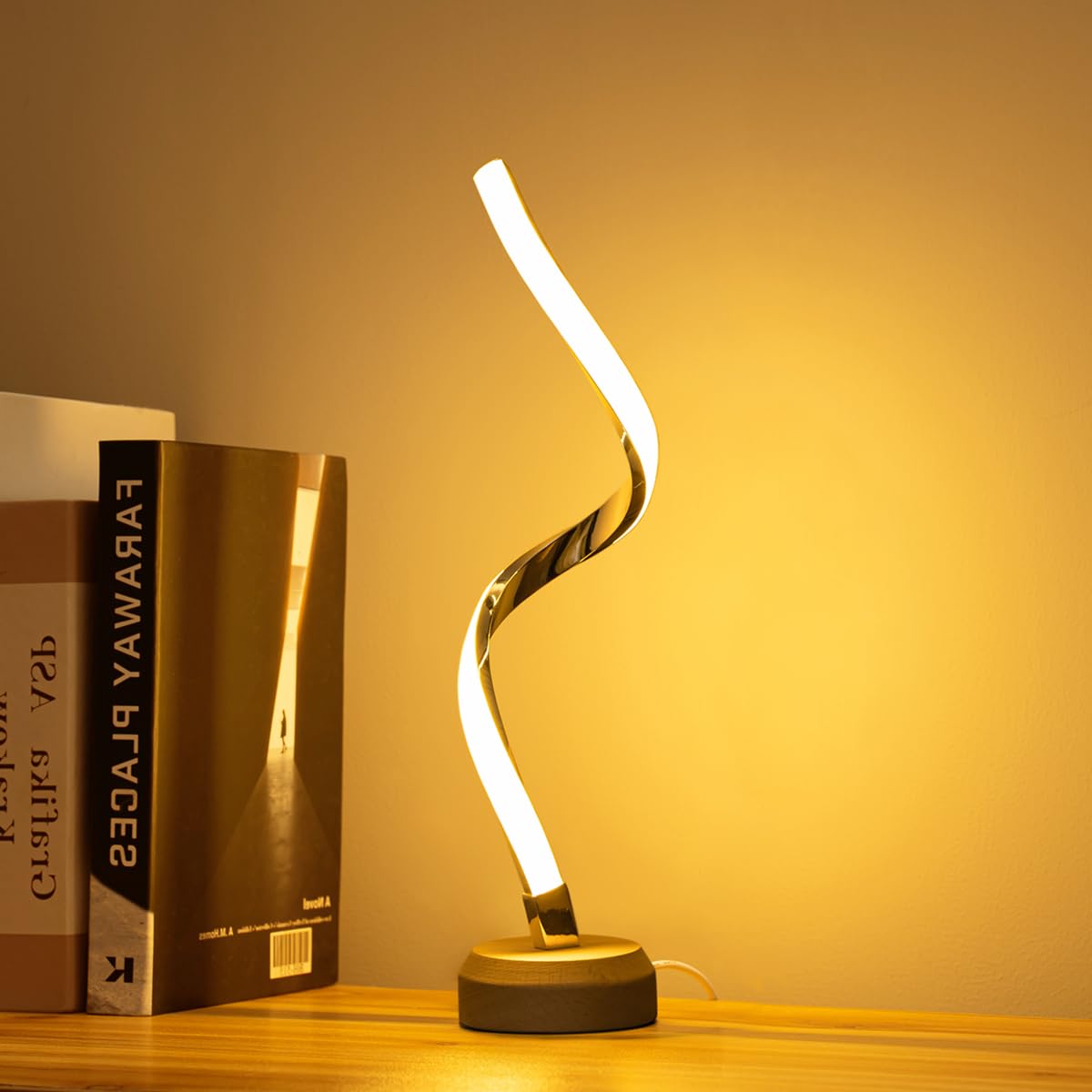 BASRAE Spiral Bedside Lamps Bedroom Modern LED Nightstand Table Lamp,Warm 3 Colour Temperatures Dimmable Lamp,Twist Table Lights Metal,for Home Indoor Living Room Lounge,with USB Cable,Single