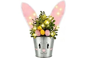 U-Vathing Easter Table Decorations, Artificial Flower with Eggs and Bunny Ears, LED Potted Plants, Lighted Tabletop Centerpie