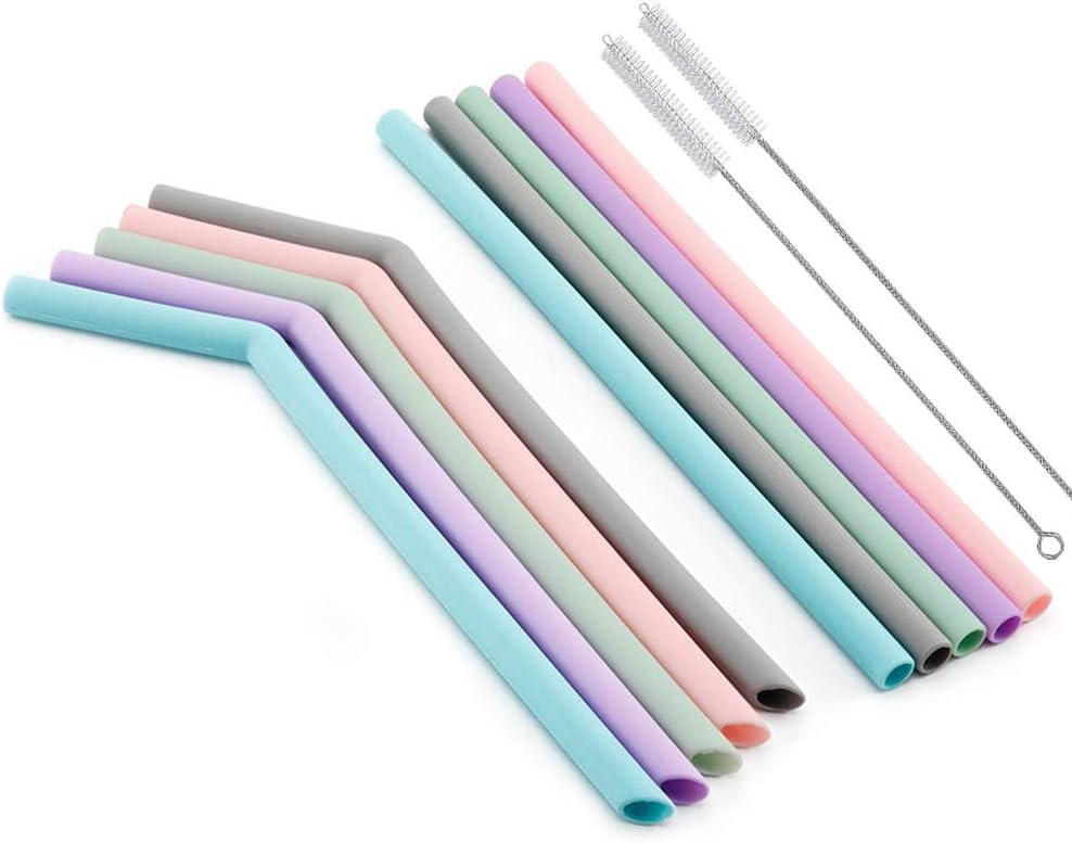 Ameolela Set of 12 Big Silicone Straws for 30oz Tumblers Yeti/Rtic - Reusable Silicone Drinking Straws BPA Free - Extra Long - with Cleaning Brushes (5 Bent + 5 Straight)