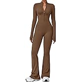 ECUPPER Women Long Sleeve Flared Jumpsuit Zip Up Romper One Piece Full Bodysuits Yoga Unitard Wide Leg Sexy Catsuit