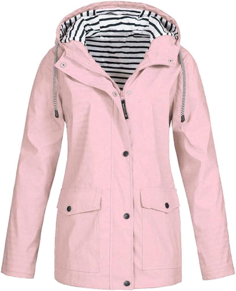 HGWXX7 Women Solid Rain Jacket Outdoor Plus Size Coats Waterproof Hooded Raincoat Windproof