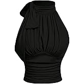 OYOANGLE Women's Mock Neck Tie Knot Tank Tops Sleeveless Slim Fit Ruched Elegant Work Blouses