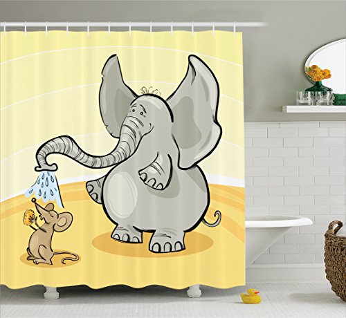 Ambesonne Elephants Decor Shower Curtain Set, Elephant Bathing Mouse With Trunk in The Desert Cartoon Animal Print Kids Decor, Bathroom Accessories, 75 Inches Long, Grey Yellow Cream