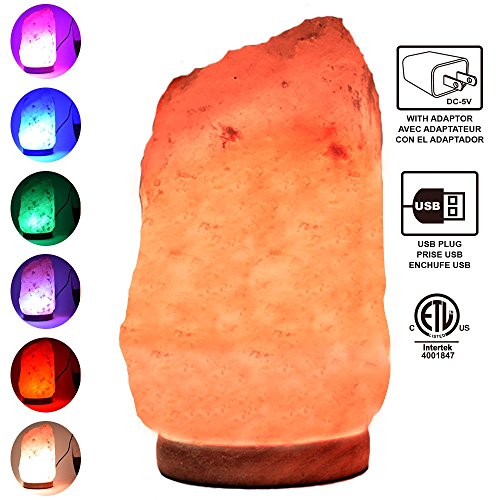 Himalayan Glow 900AC Multicolor USB Salt lamp, ETL Certified Himalayan salt lamp (4-5lbs) with wooden Base by WBM