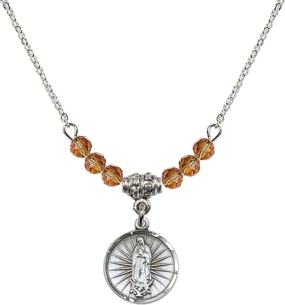 Bonyak Jewelry 18 Inch Rhodium Plated Necklace w// 4mm Yellow November Birth Month Stone Beads and Our Lady of Guadalupe